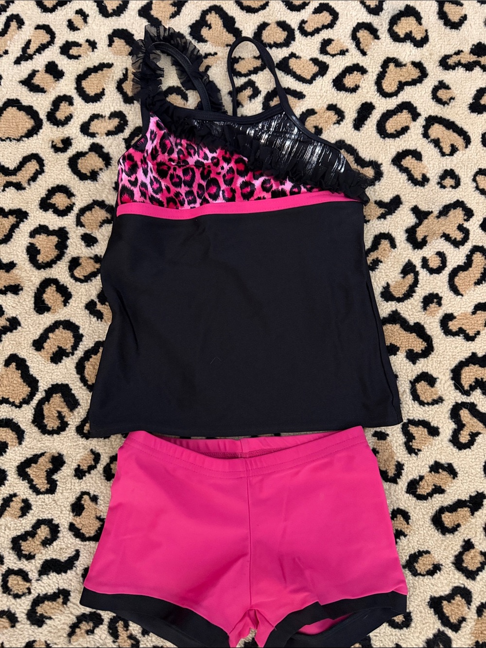 Girls' Black & Hot Pink Leopard Trim Tankini Set